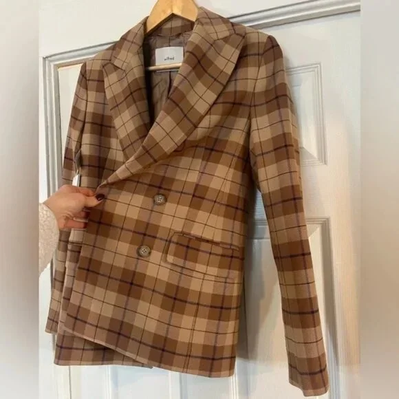 New Aritzia Wilfred Margaux Tan Brown Check Plaid Oxford Double Breasted Blazer - Picture 3 of 6